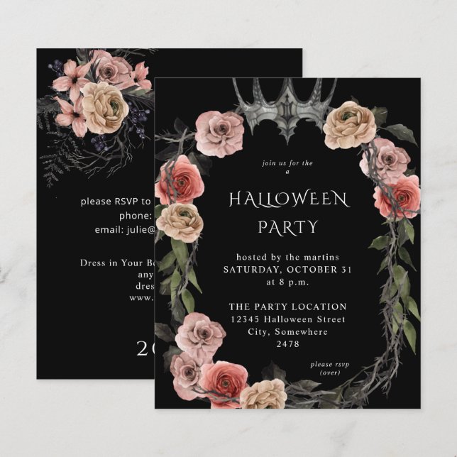 Coroa de Halloween Rosa Floral Preta Festa (Frente/Verso)