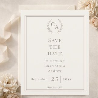 Coroa de monograma de marfim Save the Date de casa