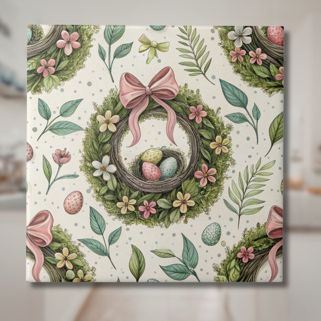 Coroa de Páscoa de buxo com Laço Rosa e Ovo (Criador carregado)
