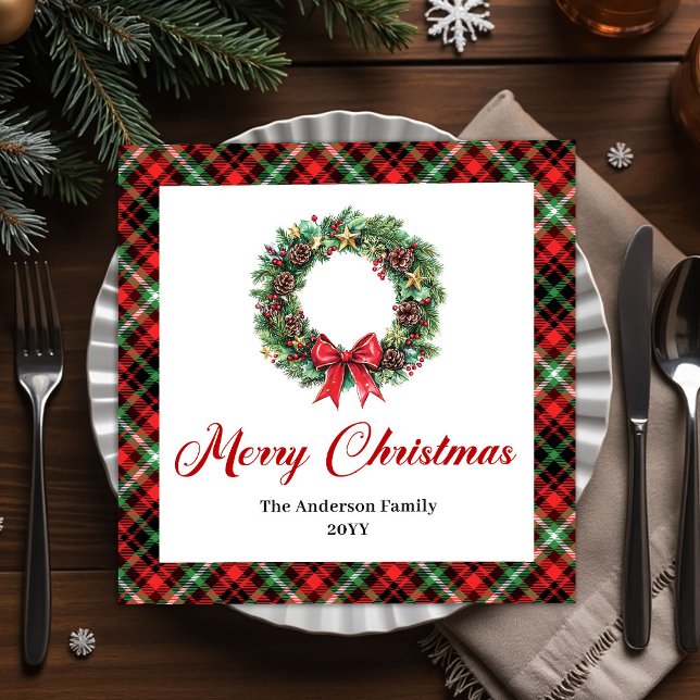 Coroa de Pinheiro Elegante Guardanapos Xadrez Verm (Elegant Pine Wreath Red Green Plaid Napkins)