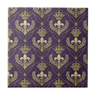 Coroa Dourada Fleur-de-lis Real Padrão Arte Roxa