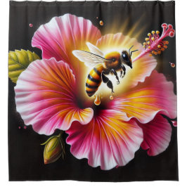 Cortina Para Box Abelha de mel polinizando um hibisco brilhante