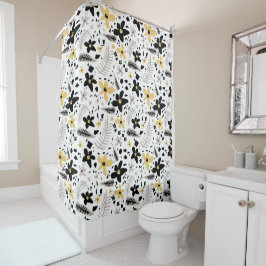 Cortina Para Box Abstrato Black Yellow Cinza Floral Sem Costura Pad