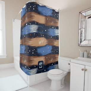 Cortina Para Box Abstrato Brushstrokes em Azul, Branco e Marrom (3)