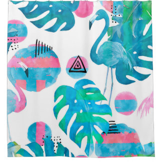 Cortina Para Box Abstrato com aquarela flamingo e elema aleatório