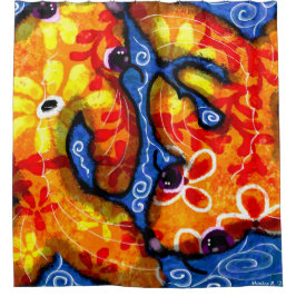 Cortina Para Box Abstrato Floral Koi Fish Orange Yellow Red Blue
