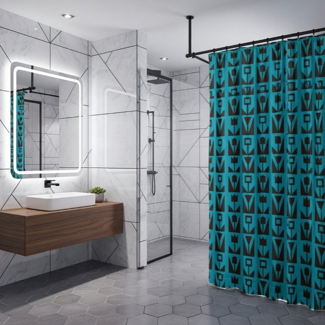 Cortina Para Box Abstrato Geométrico Azul Floral (Criador carregado)