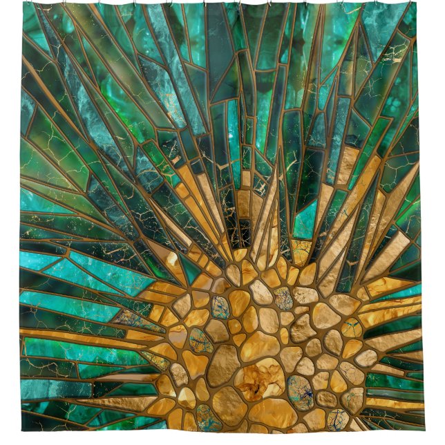 Cortina Para Box Abstrato mosaico de células esmeraldas e douradas (Frente)