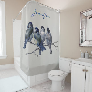 Cortina Para Box Adorável Pássaros Azuis e Cinzas em um Branch Vint