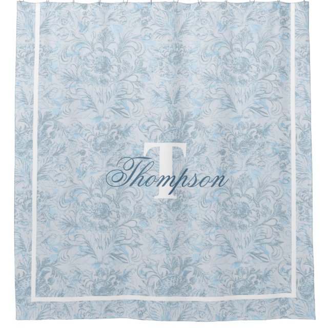 Cortina Para Box Algodão francês Dusty Blue Floral Monograma (Frente)
