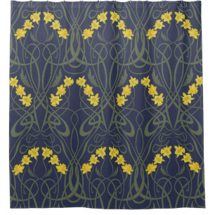 Cortina Para Box Amarelos Narcisos e Caules Azul Art Nouveau