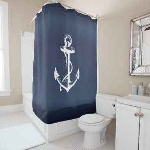 Cortina Para Box Âncora branca e fundo azul Marinho