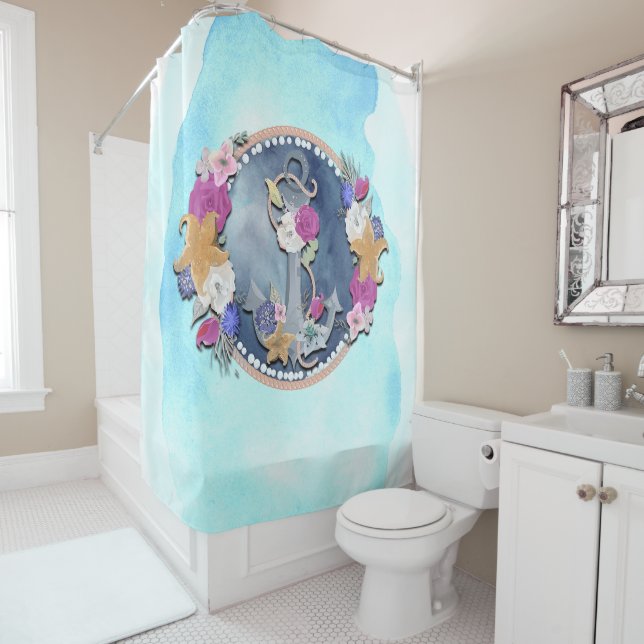 Cortina Para Box Âncora Floral Náutica Moderna Aquarela Azul (In Situ)