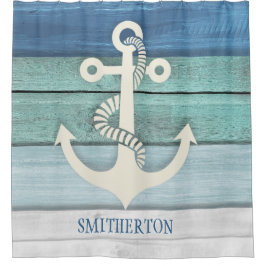 Cortina Para Box Âncora Náutica Da Madeira Azul-Aqua-Branca, Distor