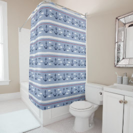 Cortina Para Box Âncoras Náuticas Azul Marinho Branco Vermelho