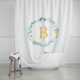 Cortina Para Box Aqua and Yellow Monogrammed Floral Wreath