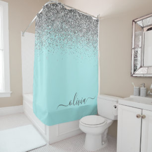 Cortina Para Box Aqua Azul Verde Turquesa Prateado Glitter Monogram