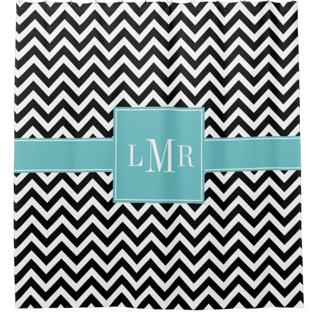 Cortina Para Box Aqua e Chevrons Pretos Monogramados (Frente)