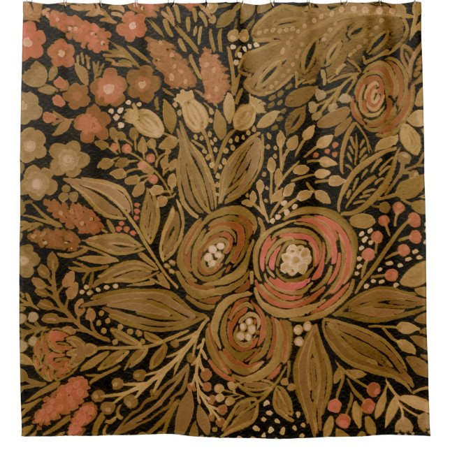 Cortina Para Box aquarela, floral castanho negro, preto padrão (Frente)