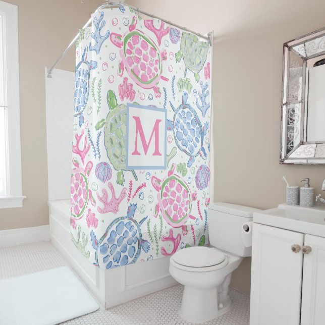 Cortina Para Box Aquarela Tartartarugas do Mar Monograma Costeiro d (In Situ)