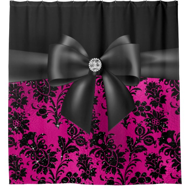 Cortina Para Box Arco Preto-Glam-Preto-Estêncil-Rosa Quente (Frente)