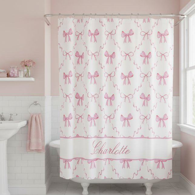 Cortina Para Box Arco rosa-claro (sweet girly pink coquette bow shower curtain with custom name in calligraphy script for bathroom)