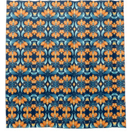 Cortina Para Box Art Deco - flores laranja azuis
