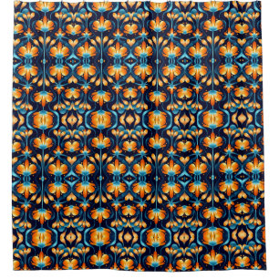 Cortina Para Box Art Deco - flores laranja azuis