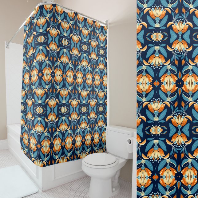 Cortina Para Box Art Deco - flores laranja azuis (Criador carregado)