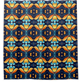 Cortina Para Box Art Deco - flores laranja azuis