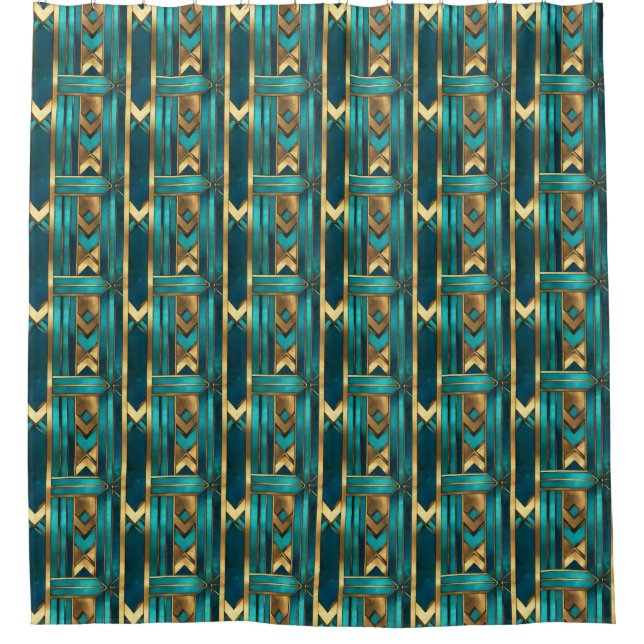 Cortina Para Box Art Deco Geometric Arrows, Gold and Turquoise (Frente)