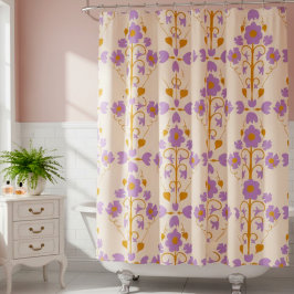 Cortina Para Box Art Nouveau Floral em Creme e Roxo Suave