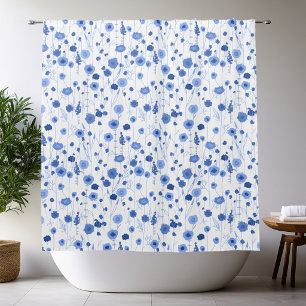 Cortina Para Box Arte Botânica Flor Silvestre Azul Branco