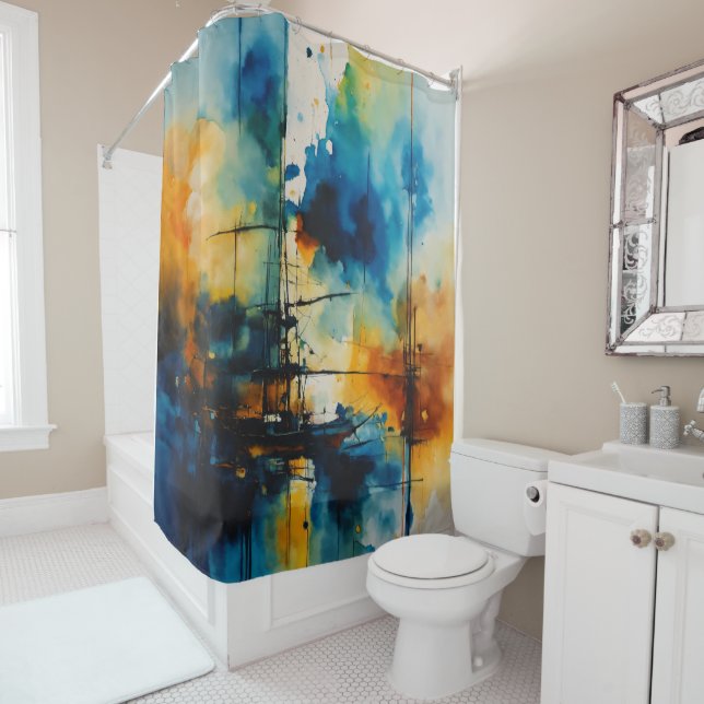 Cortina Para Box Arte Cinemática | Azul Moderno e Laranja (In Situ)