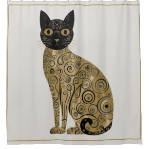 Cortina Para Box Arte de Gato Preto Decorativo Dourado no Estilo Gu