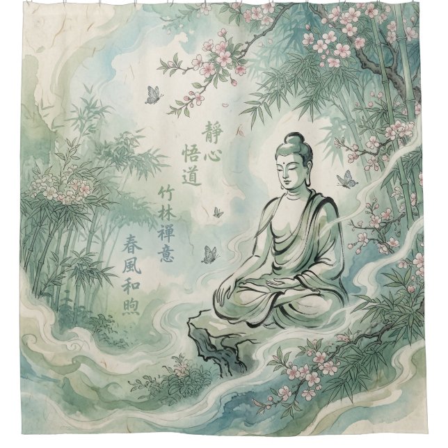 Cortina Para Box Arte de Tinta Bambu do Buda Meditando (Frente)