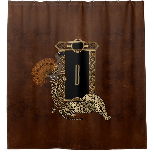 Cortina Para Box Arte Deco Monograma Dourado Leopardo Castanho (Frente)