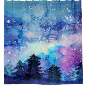 Cortina Para Box Arte do Espaço de Aquarela: Árvores do Céu Noturno