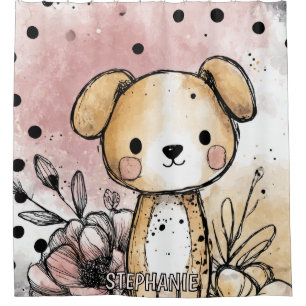 Cortina Para Box Arte em Aquarela Floral de Cachorrinho Caprichoso 