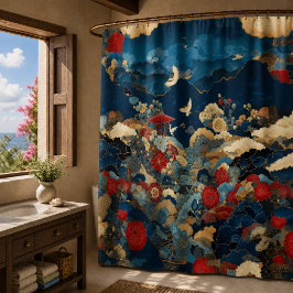Cortina Para Box Arte Floral de Banheiro de Luxo Inspirado no Japão