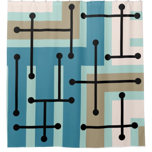 Cortina Para Box Arte Geométrica Maze Turquoise Dourada (Frente)