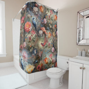 Cortina Para Box Arte Surrealista com Flores e Aves