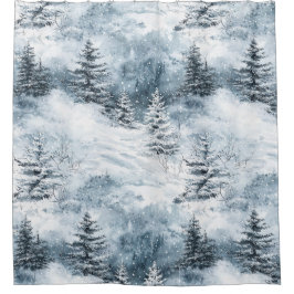 Cortina Para Box Árvores de Natal Azuis Brancas Neve de inverno