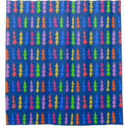 Cortina Para Box Árvores de Natal Coloridas em Azul