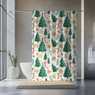 Cortina Para Box Árvores de Natal Elegantes Vermelho Verde Dourado