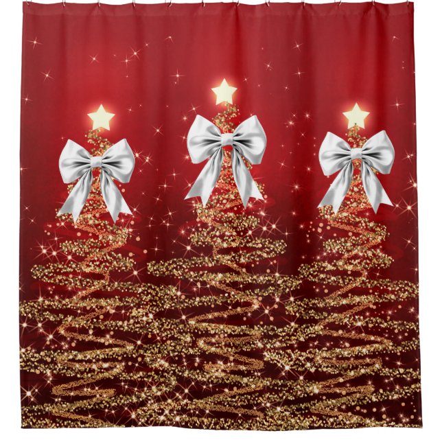 Cortina Para Box Árvores de Natal Espelhadas Vermelho Dourado Prata (Frente)