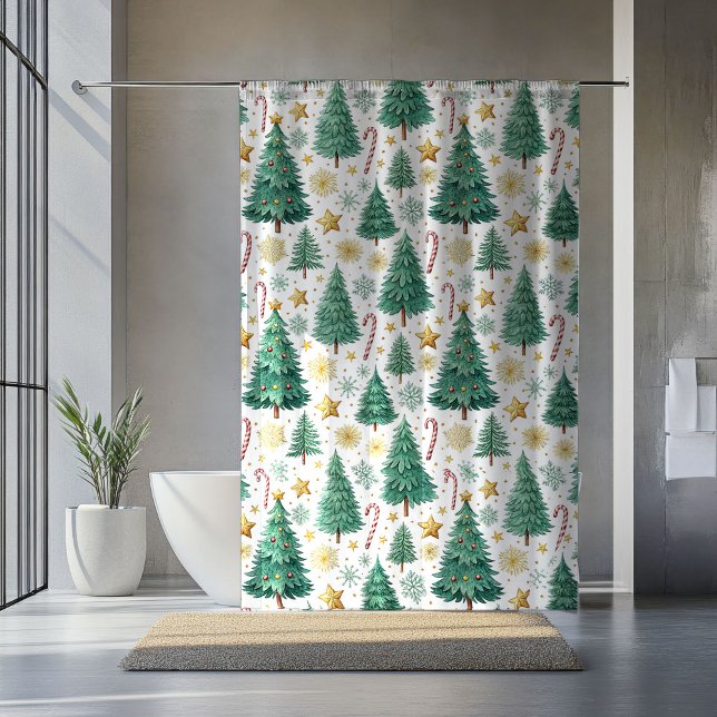 Cortina Para Box Árvores de Natal Modernas Vermelhas Verdes Dourada (Modern Christmas Trees Red Green Gold Bath Decor Shower Curtain)