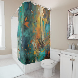 Cortina Para Box Autumn Harvest Teal Rust Abstrato Dourado