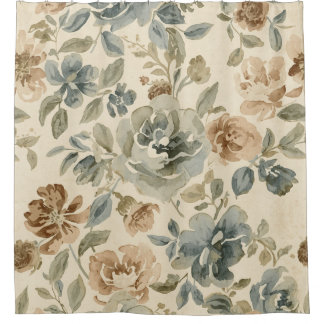 Cortina Para Box Azul Antigo Marrom Sage Bege Floral Aquarela