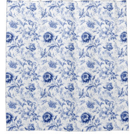 Cortina Para Box Azul Branco Floral Toile Francês Campo Aquarela